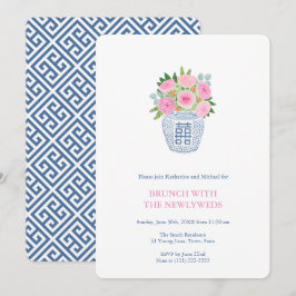 Preppy Navy Pink Roses Ginger Jar Newlyweds Brunch Einladung