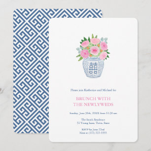 Preppy Navy Pink Roses Ginger Jar Newlyweds Brunch Einladung