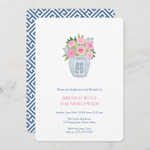 Preppy Navy Pink Roses Ginger Jar Newlyweds Brunch Einladung