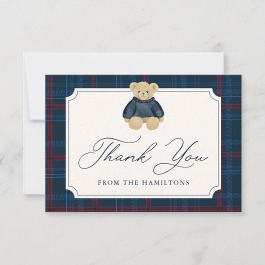 Preppy Navy Plaid Teddy Bear Baby Shower Dankeskarte (Vorderseite)