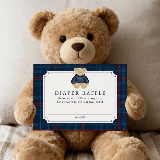 Preppy Navy Plaid Teddy Bear Diaper Raffle Begleitkarte