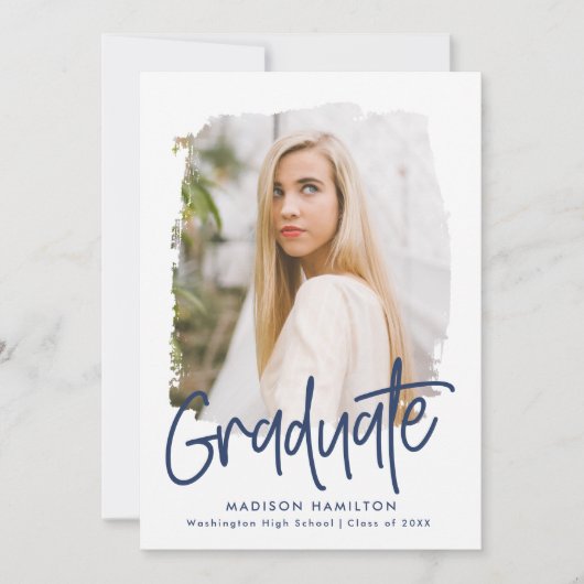 Preppy Navy Script Foto Graduation Party Einladung (Vorderseite)