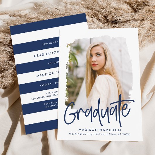 Preppy Navy Script Foto Graduation Party Einladung