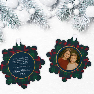 Preppy Navy Tartan Plaid Christmas Photo Ornament Karte