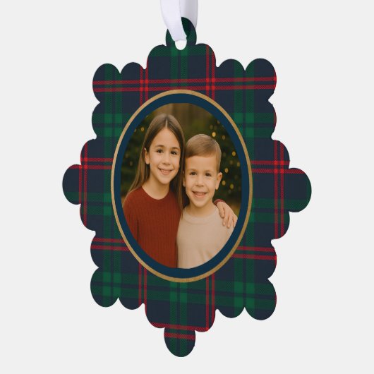 Preppy Navy Tartan Plaid Christmas Photo Ornament Karte (Linke Ecke)