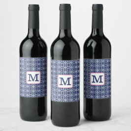 Preppy Navy White Octagon Geometric Monogram Weinetikett