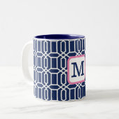 Preppy Navy White Octagon Geometric Monogram Zweifarbige Tasse (Vorderseite Links)