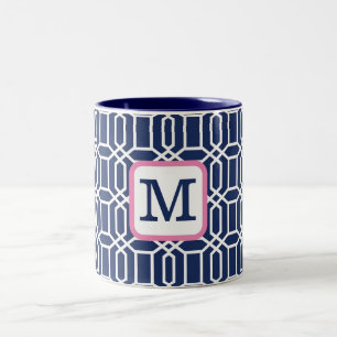 Preppy Navy White Octagon Geometric Monogram Zweifarbige Tasse