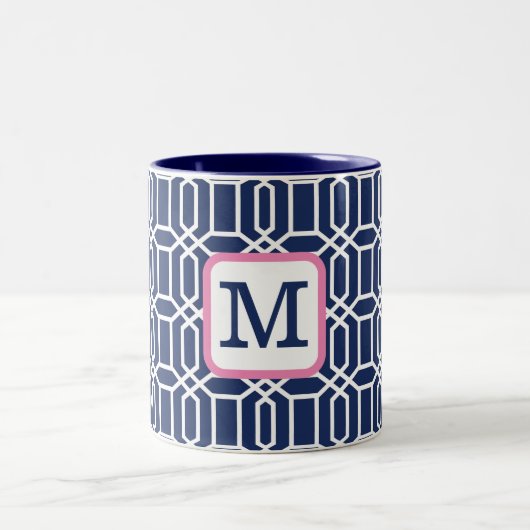 Preppy Navy White Octagon Geometric Monogram Zweifarbige Tasse (Mittel)