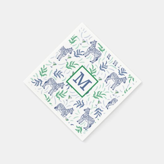 Preppy Navy Zebra Martinis White Monogram Serviette (Ecke)