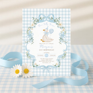 Preppy One Albern Goose Blue Bow 1. Geburtstag Einladung