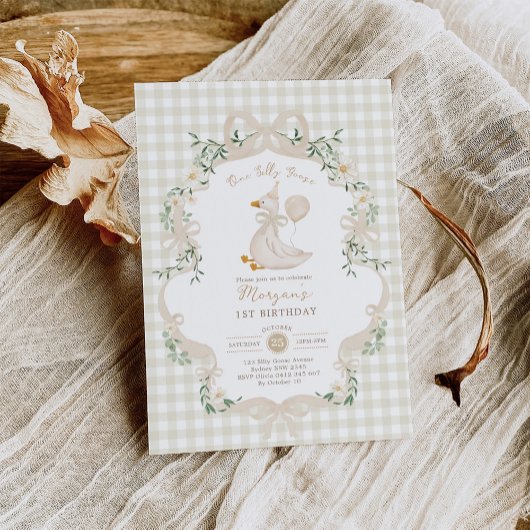 Preppy One Silly Goose Neutral Bow 1st Birthday Einladung