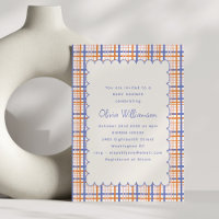 Preppy Orange-Blau Karierter Baby Shower-Einladung