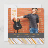 Preppy Orange Button Stripes Foto Graduation Party Einladung (Vorderseite)