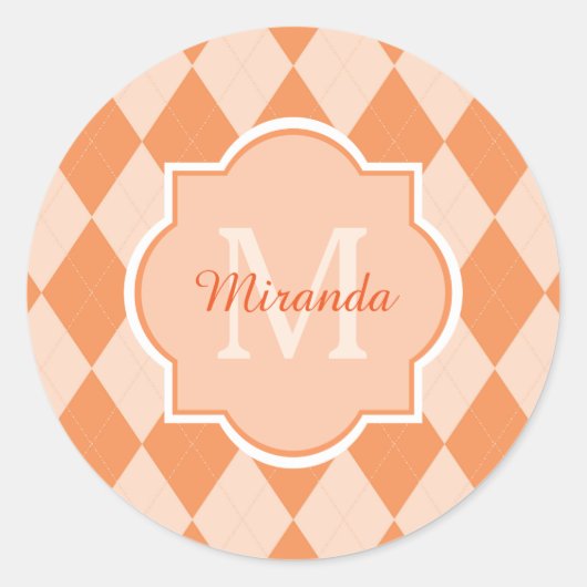 Preppy Orange Raute Girl Monogram und Name Runder Aufkleber (Vorderseite)