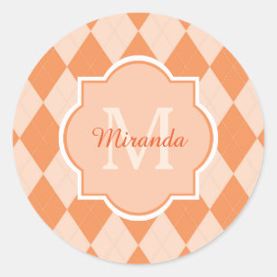 Preppy Orange Raute Girl Monogram und Name Runder Aufkleber