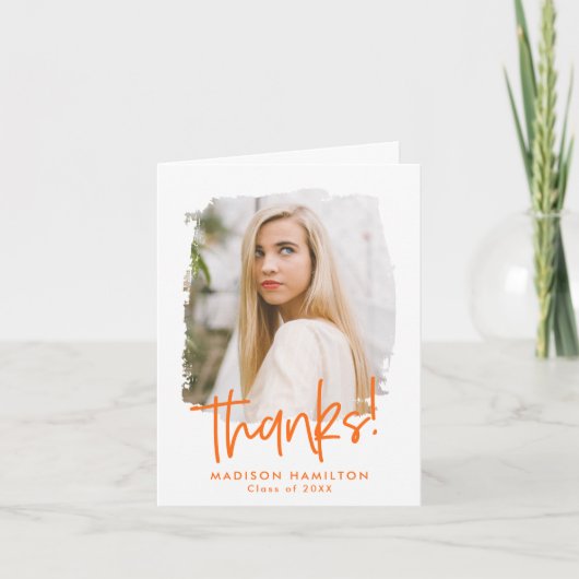 Preppy Orange Script Foto Abschluss Dankeskarte (Vorderseite)