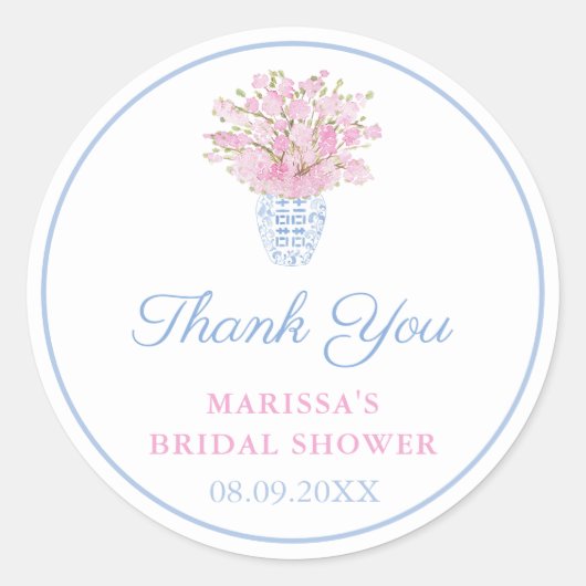 Preppy Pale Blue Blush Chinoiserie Polterabend Runder Aufkleber (Vorderseite)