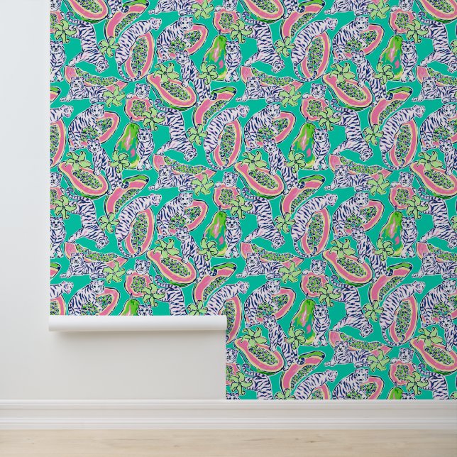 Preppy Palm Beach Aquamarin Tigers & Papayas Tapete (Anwendung)