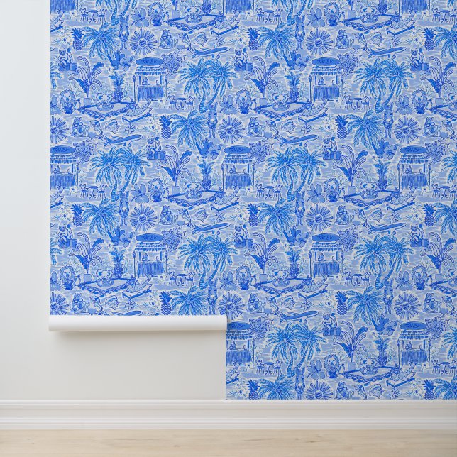 Preppy Palm Beach Blue & White Animal Vacation Tapete (Anwendung)