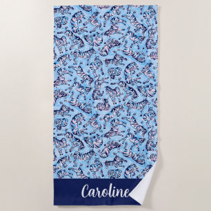 Preppy Palm Beach Blue Zebras Personalisiert Strandtuch