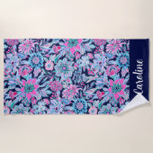 Preppy Palm Beach Navy Lavendel Floral Personalize Strandtuch (Vorderseite)