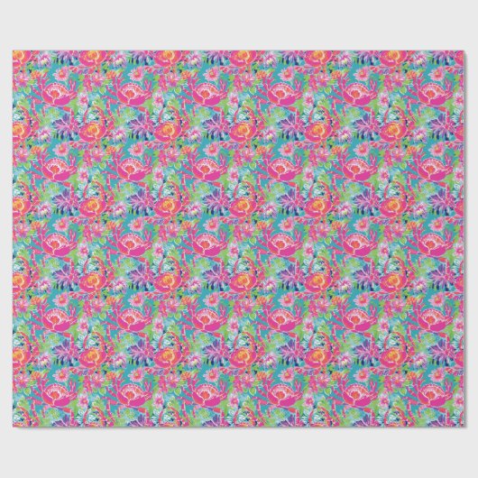 Preppy Palm Beach Ocean Floral Crabs Muster Geschenkpapier (Flach)