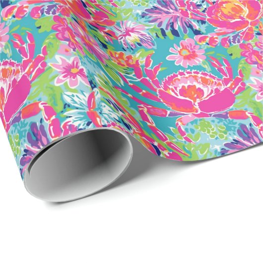 Preppy Palm Beach Ocean Floral Crabs Muster Geschenkpapier (Rolleneckpunkt)