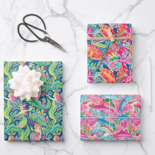Preppy Palm Beach Ocean Mermaids Schildkröten Delp Geschenkpapier Set (Vorderseite)
