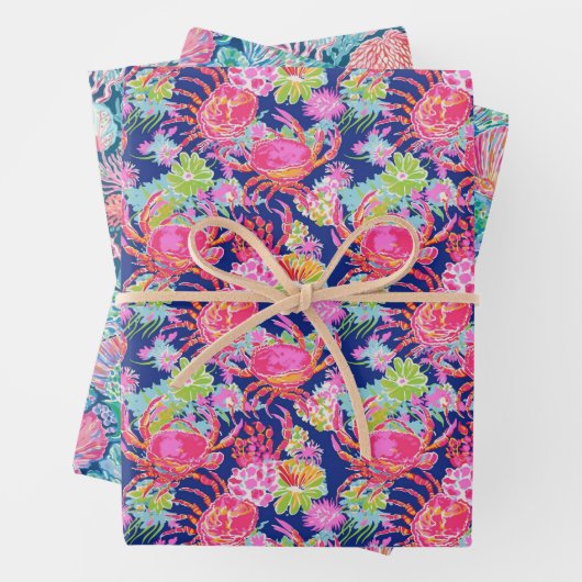Preppy Palm Beach Ocean Muschel Crab Blume Muster Geschenkpapier Set (Beispiel)