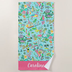 Preppy Palm Beach Pink & Blue Bermuda Personalisie Strandtuch