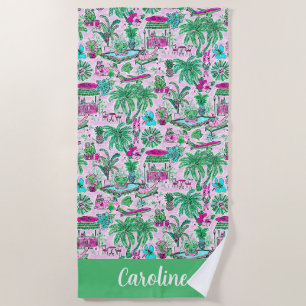 Preppy Palm Beach Pink & Green Animal Vacation Strandtuch