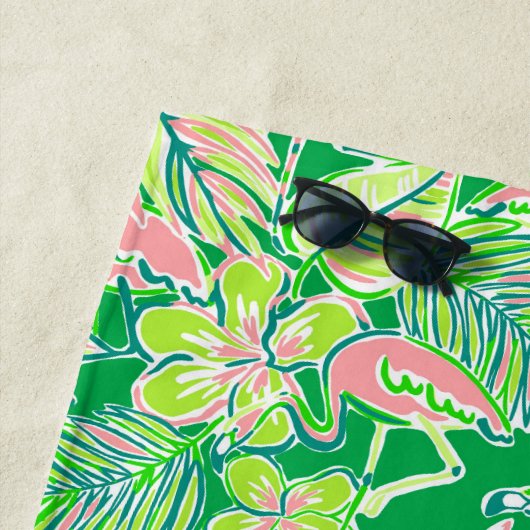 Preppy Palm Beach Pink Green Flamingo Personalisie Strandtuch (Beispiel)