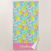 Preppy Palm Beach Pink Lemons Personalisiert Strandtuch (Vorderseite)