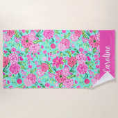 Preppy Palm Beach Pink Minze Blume Personalisiert Strandtuch (Vorderseite)