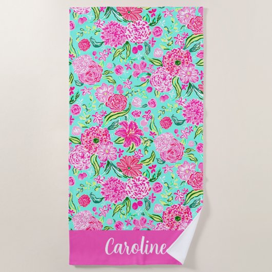 Preppy Palm Beach Pink Minze Blume Personalisiert Strandtuch (Vorderseite)
