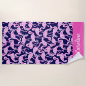 Preppy Palm Beach Pink Navy Flamingo Personalisier Strandtuch (Vorderseite)
