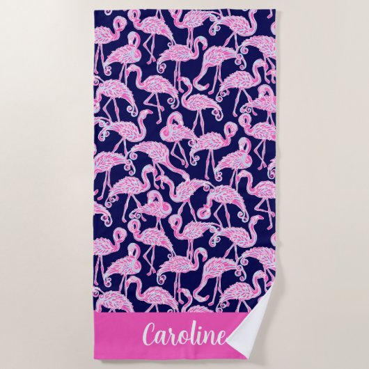 Preppy Palm Beach Pink Navy Flamingo Personalisier Strandtuch (Vorderseite)