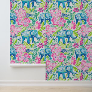 Preppy Palm Beach Pink und Blue Elefanten Tapete