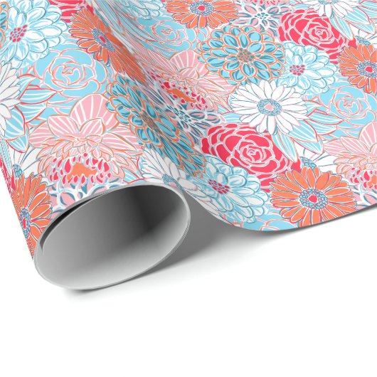 Preppy Palm Beach Print, Aquamarine und rote Blume Geschenkpapier (Rolleneckpunkt)