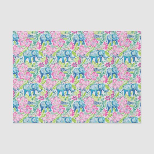 Preppy Palm Beach Print Blue and Pink Elefanten Seidenpapier (Vorderseite)