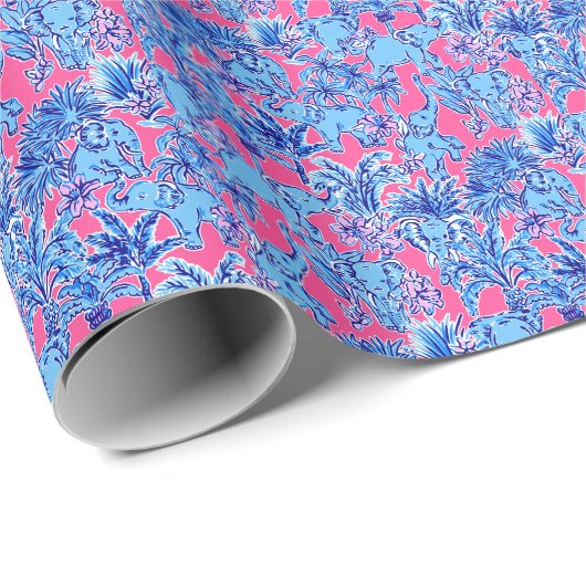 Preppy Palm Beach Print Blue Elefanten Geschenkpapier (Rolleneckpunkt)