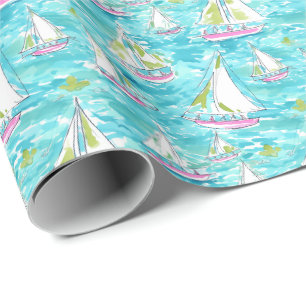 Preppy Palm Beach Print Pastell Sailboats Geschenkpapier