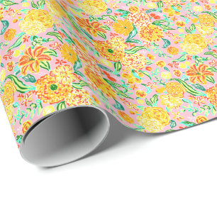 Preppy Palm Beach Print Pink and Yellow Flowers Geschenkpapier