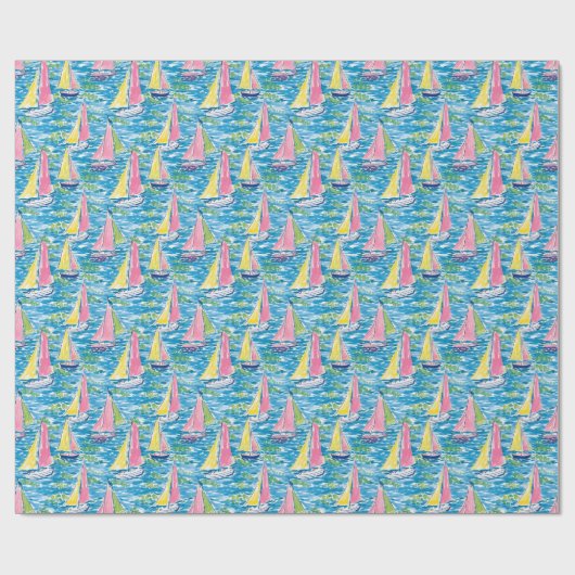 Preppy Palm Beach Print Pink and Yellow Sailboote Geschenkpapier (Flach)