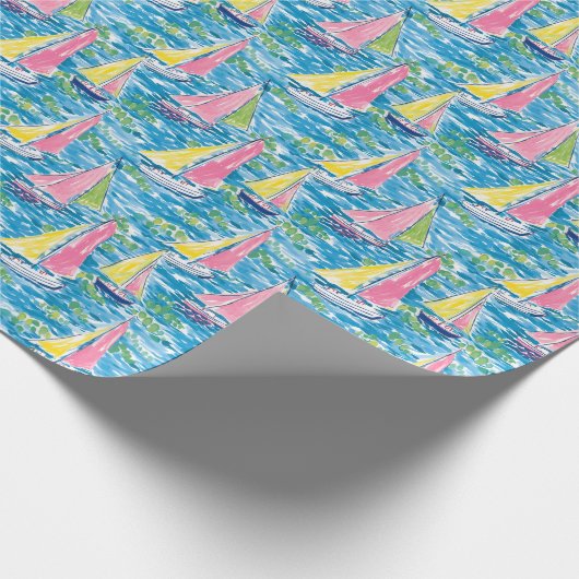 Preppy Palm Beach Print Pink and Yellow Sailboote Geschenkpapier (Ecke)