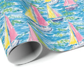 Preppy Palm Beach Print Pink and Yellow Sailboote Geschenkpapier (Rolleneckpunkt)