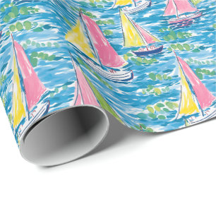Preppy Palm Beach Print Pink and Yellow Sailboote Geschenkpapier