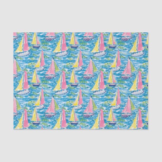 Preppy Palm Beach Print Pink and Yellow Sailboote Seidenpapier (Vorderseite)