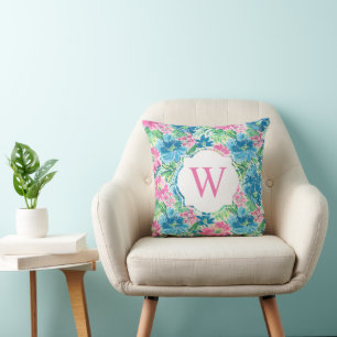 Preppy Palm Beach Print Pink Blue Floppy Monogram Kissen